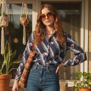 Vintage Retro Dagger Collar Groovy Boho 70's Navy Daisy Geometric Blouse
